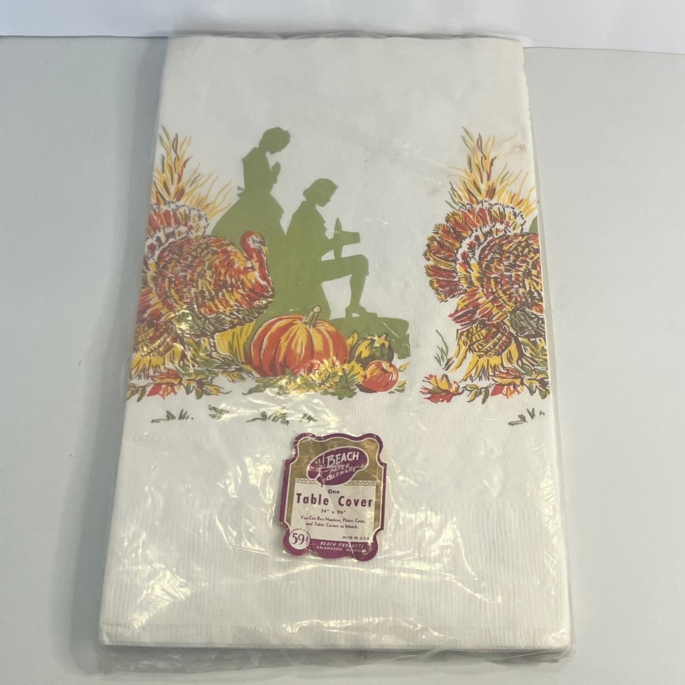 Vintage Beach Paper Tableware Thanksgiving Table Cover 54x96 Turkey Pilgrim USA